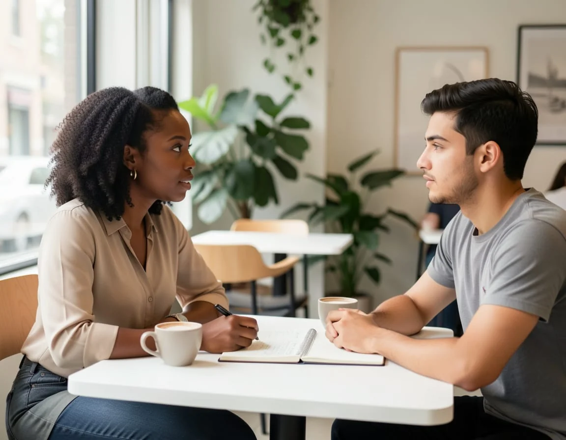 Two young adults in a mentoring conversation at a café with a notebook