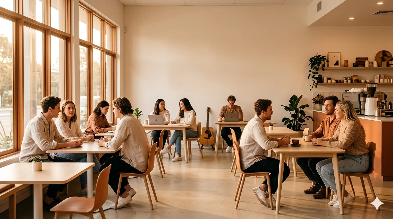 Bright modern café interior with young adults working and chatting at tables