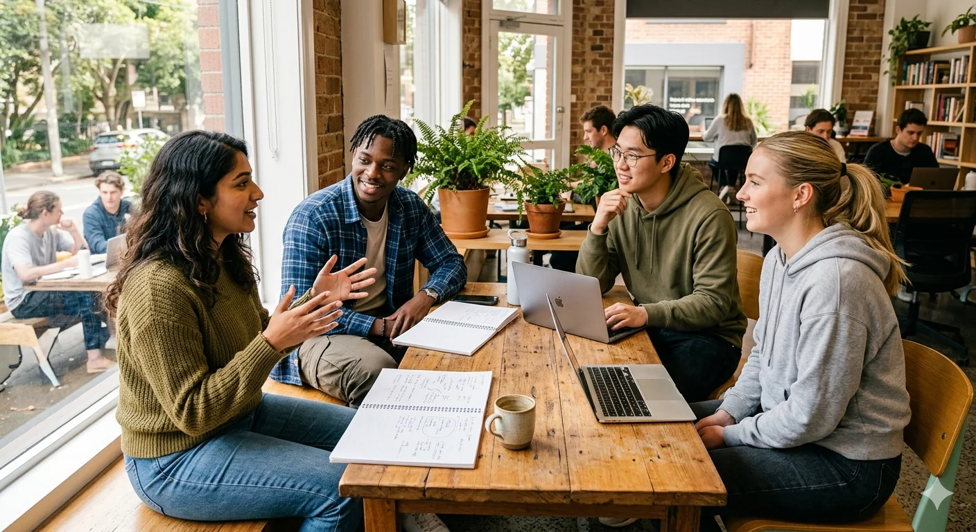 Diverse group of young adults collaborating at a shared table