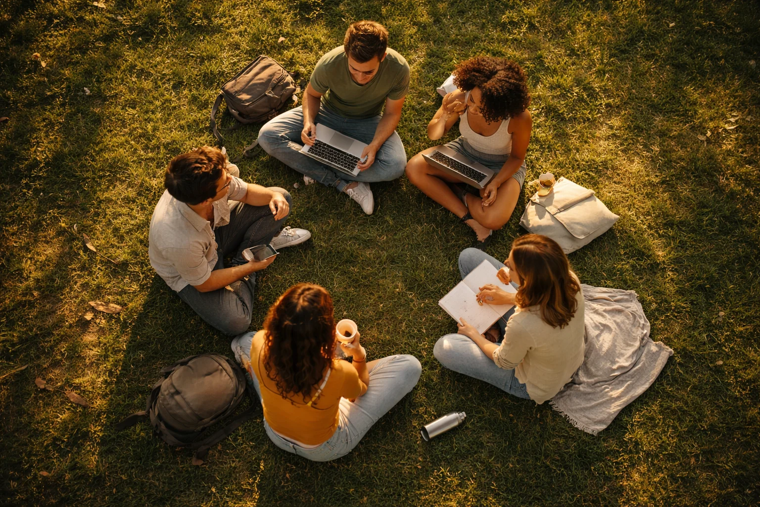 Overhead view of a group of friends relaxing on grass at golden hour