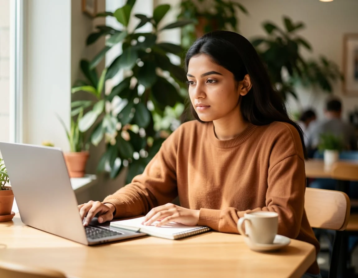 Young woman focused on a laptop at a bright café with plants