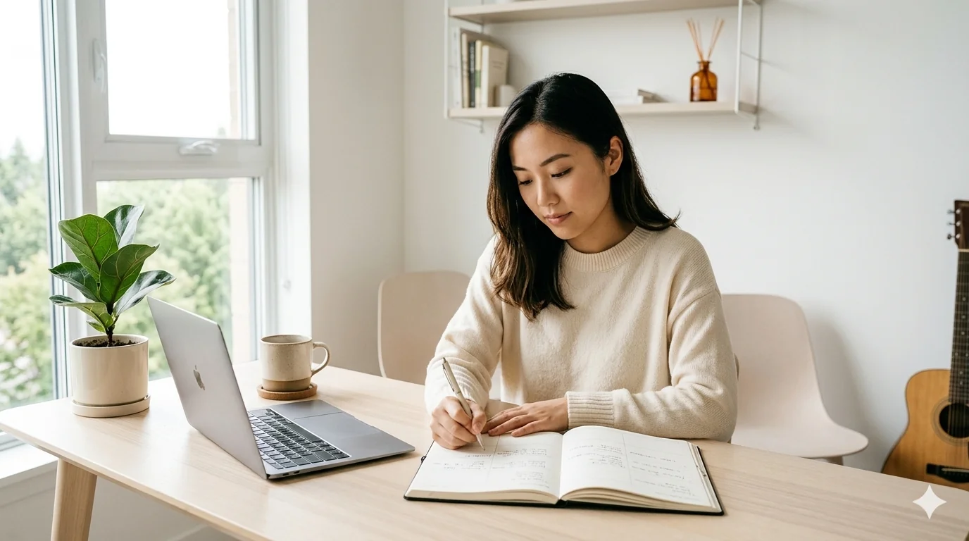 Young woman writing in a planner at a clean desk with laptop and coffee