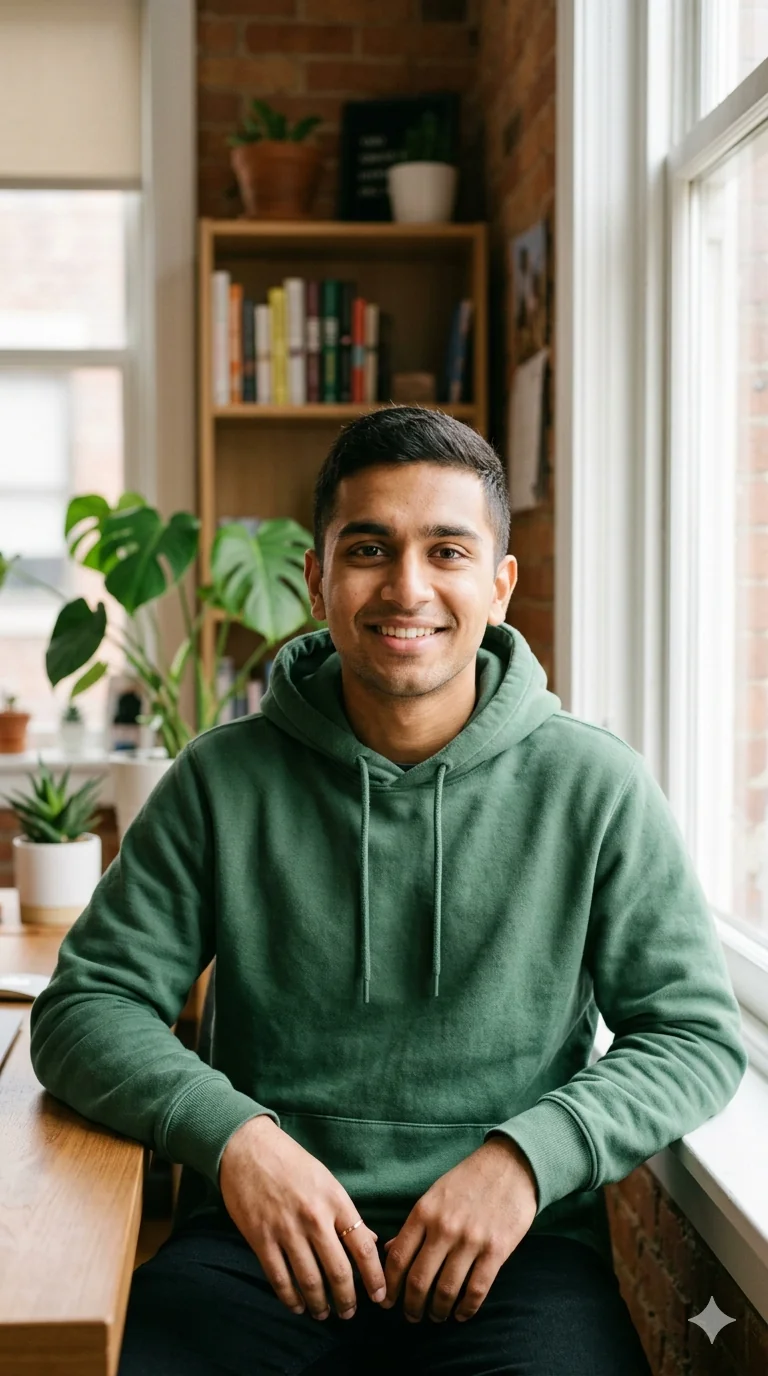Young man smiling by a sunlit window